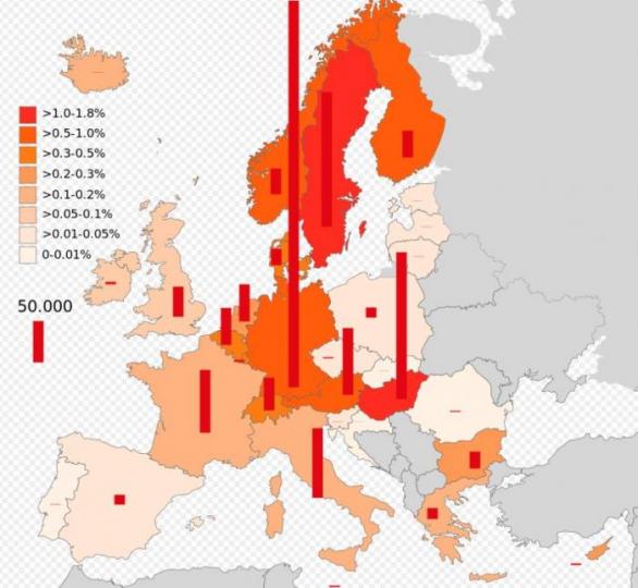 Mapka jasně ukazuje o azyl, v jakých zemích uprchlíci mají zájem. Ani kvóty na tomto trendu nic nezmění.