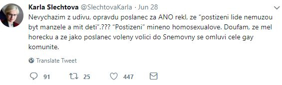 Twitterové vyjádření Karly Šlechtové.