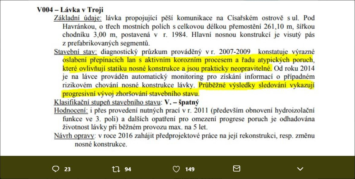 Úryvek zprávy z kontroly Trojské lávky z jara 2016, který na Twitteru zveřejnil novinář Filip Rožánek.